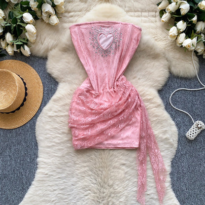 SINGREINY French Strapless Sexy Short Dress 2025 Heart Hollow Out Beading Sundress Backless Corset Lace Beach Mini Dress