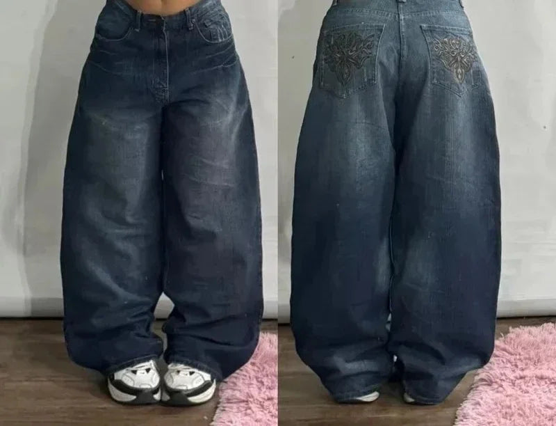 Street Vintage New Letter Embroidered Patch Yellow Washed Baggy Jeans Women Y2K Gothic Hip Hop Popular Couple Wide-leg Pants