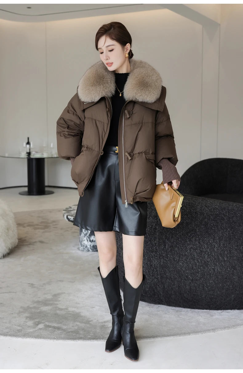 2025 Down Cotton Short Padded Jacket Women Parkas Fur Collar Autumn Winter Thick Coats Female Black Casual Outerwear Clothes