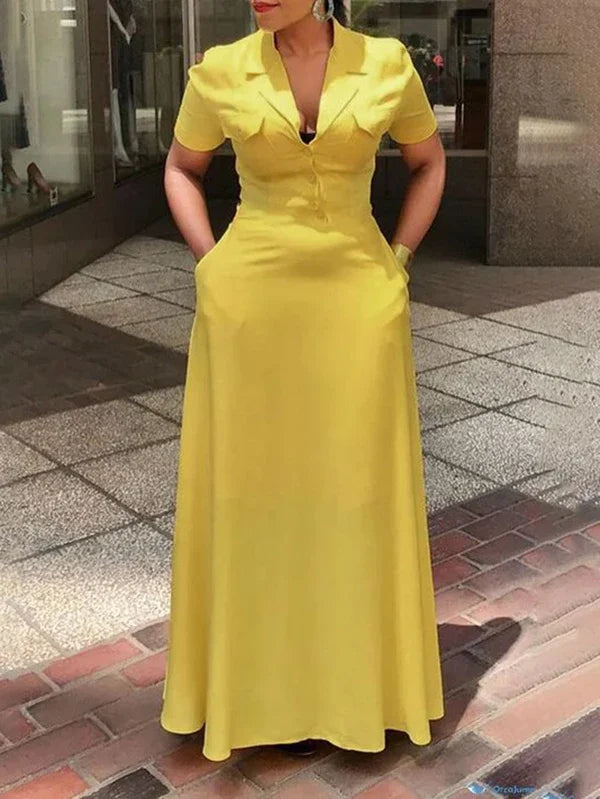 UOOZEE Office Lady Formal Notched Collar Commute Maxi Dresses Short Sleeves Buttoned Pockets Casual A-Line Yellow Dress 2025 New
