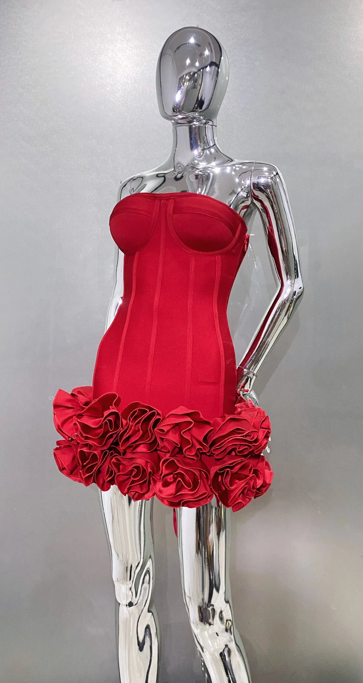 Stereoscopic Flowers Back Laceing Strapless Red Bandage Mini Evening Dress Sweet Woman Birthday Party Dress Performance costume
