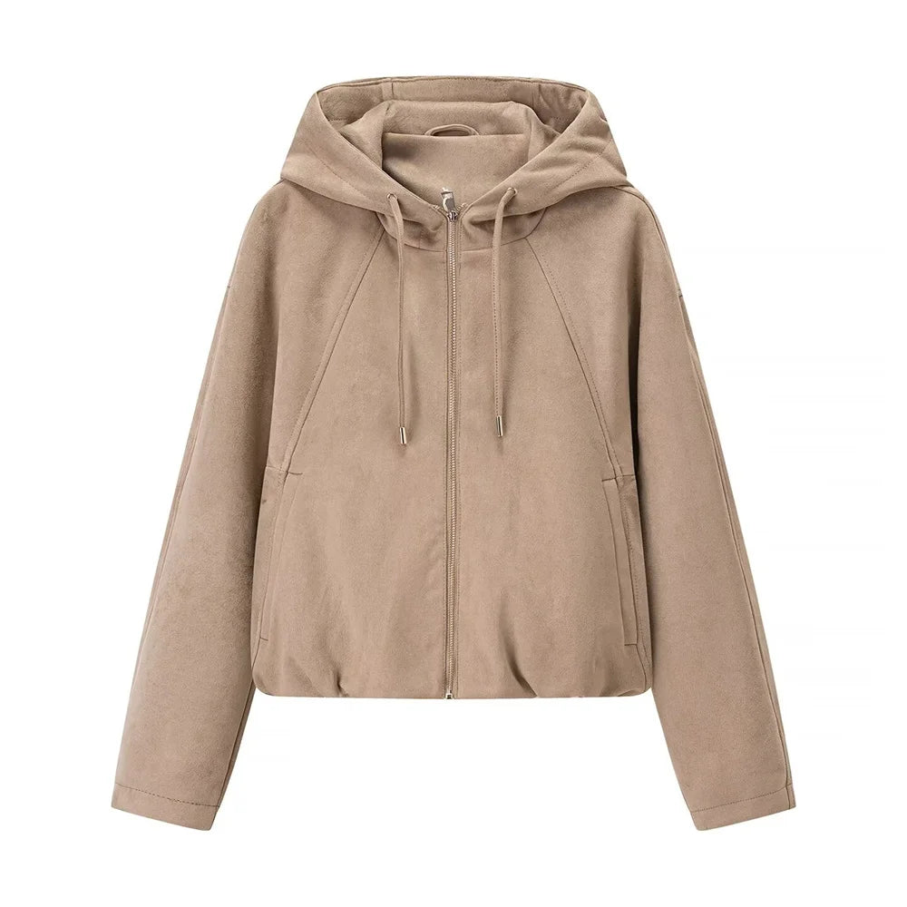 New autumn and winter women's casual loose suede texture effect hooded long sleeved solid color pilot jacket jacket