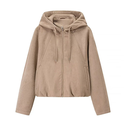 New autumn and winter women's casual loose suede texture effect hooded long sleeved solid color pilot jacket jacket