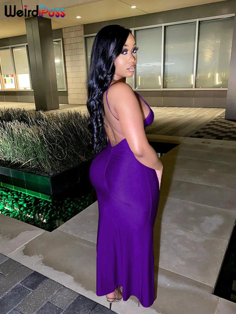 Weird Puss Sexy Backless Women Evening Maxi Dress Folds V-Neck Sleeveless Coquette Elegant Mermaid Matching Banquet Prom Bodycon