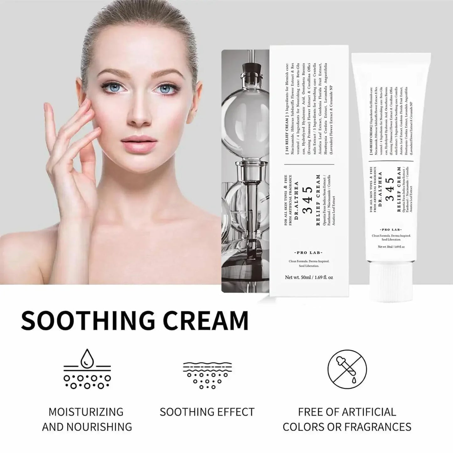 345 Face Moisturizer 50ml, Daily Soothing Cream for Skin Recovery, Brightening, and Calming, Gentle for All Skin Types