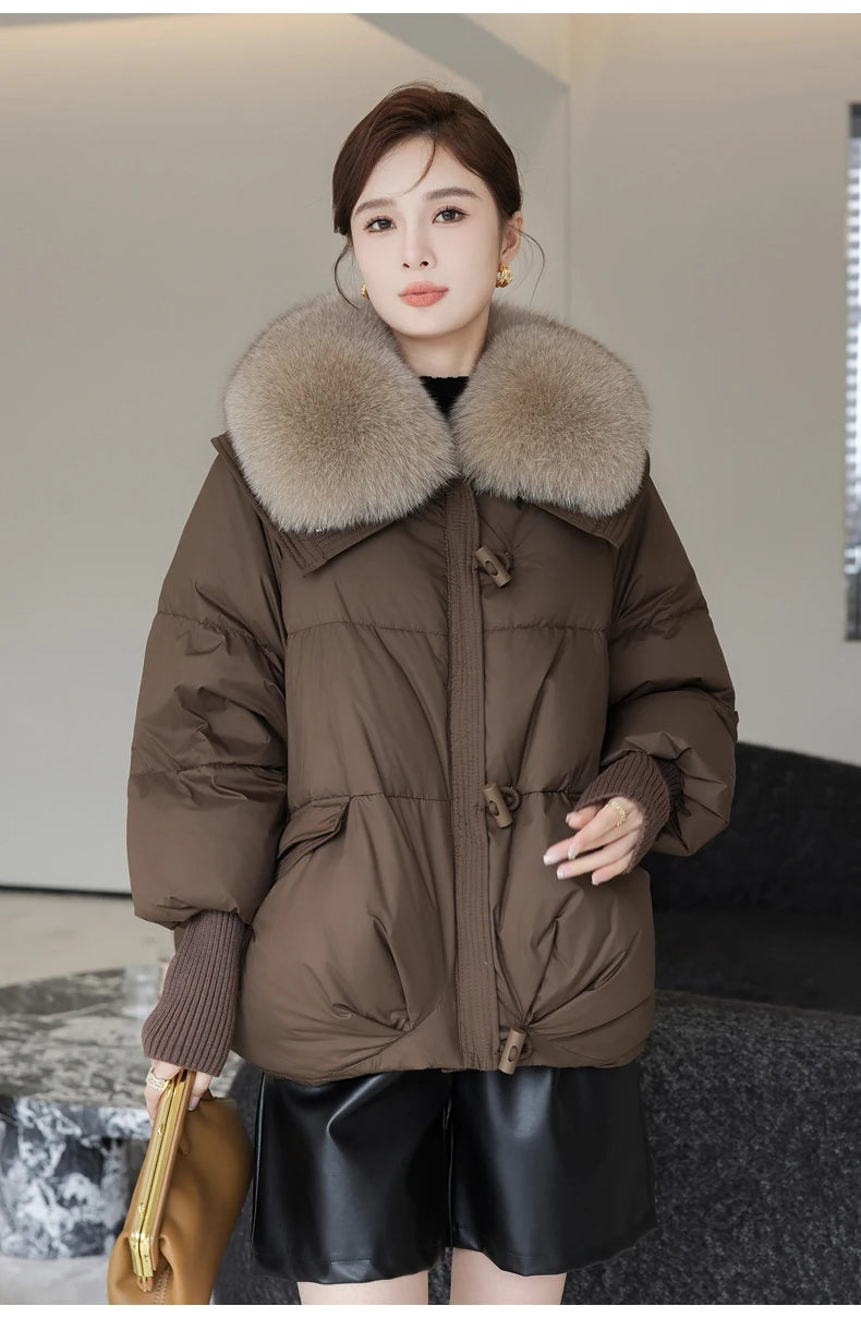 2025 Down Cotton Short Padded Jacket Women Parkas Fur Collar Autumn Winter Thick Coats Female Black Casual Outerwear Clothes