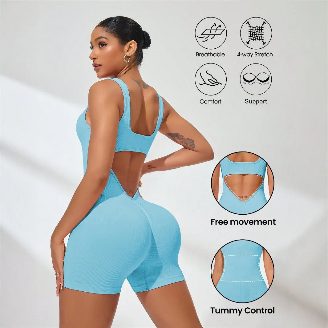 Sexy Backless Women Yoga Rompers U Neck Sleeveless Threaded Jumpsuit Solid Color Elastic Bodysuit Without Bust Pads Streetwear