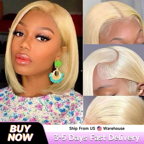 613 Blonde Bob Wig Human Hair Straight 12 Inch 180% Density 13x4 HD Transparent Lace Front Wigs Virgin Brazilian Hair For Women