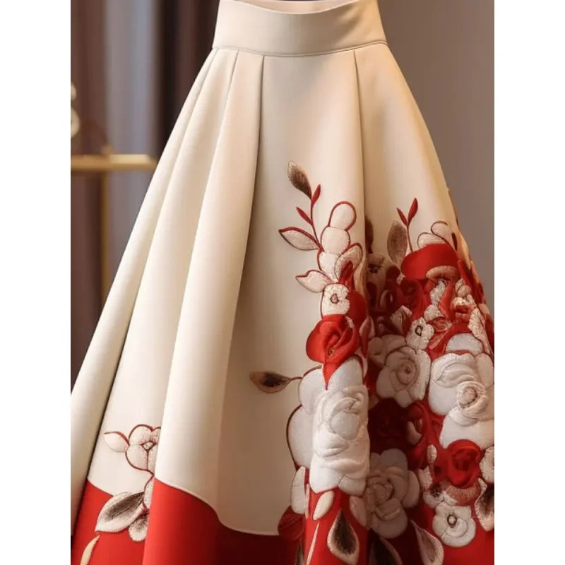 Vintage Red Flower Print Skirt for Women Y2k Slim Waist Mid-length Loose Faldas Mujer 2026 Spring New Skirt for Women