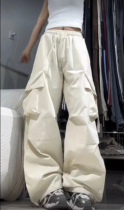 Loose Wide Leg Casual Pants Women's Workwear Trousers with Big Pockets Vintage Long Pants High Street Trend New 2025