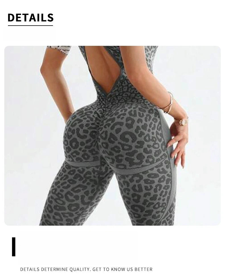 New Leopard Print Bodysuit Women Seamless Flared Pants Jumpsuits Sexy One-piece Fitness Suit Cross Back Stretchy Yoga Jumpsuits