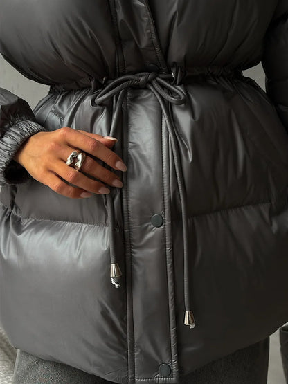 Bornladies Drawstring Slim Fit Cotton Jacket Women's  Winter New Hooded Zipper Cotton Robe Comfortable Warm Bread Jacket