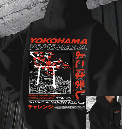 Men's autumn and winter casual fashion loose Tokyo pattern printed long sleeved hooded sweatshirt warm pullover