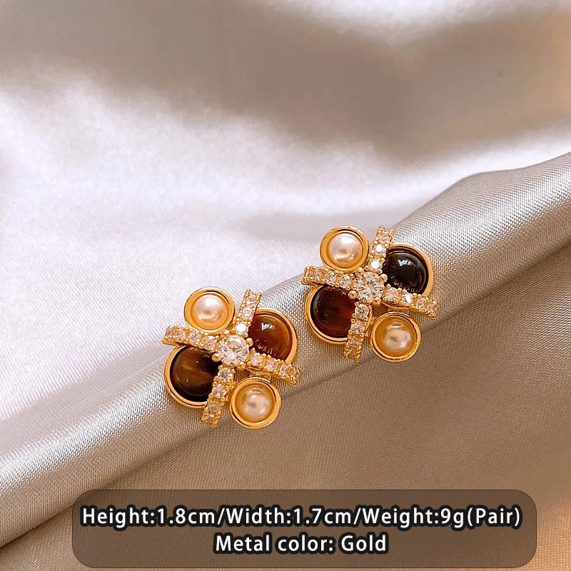 2025 New Design Natural Tiger Eye Stone Micro inlaid Zircon Geometric Earrings for Women's Trendy Jewelry Luxury Accessories