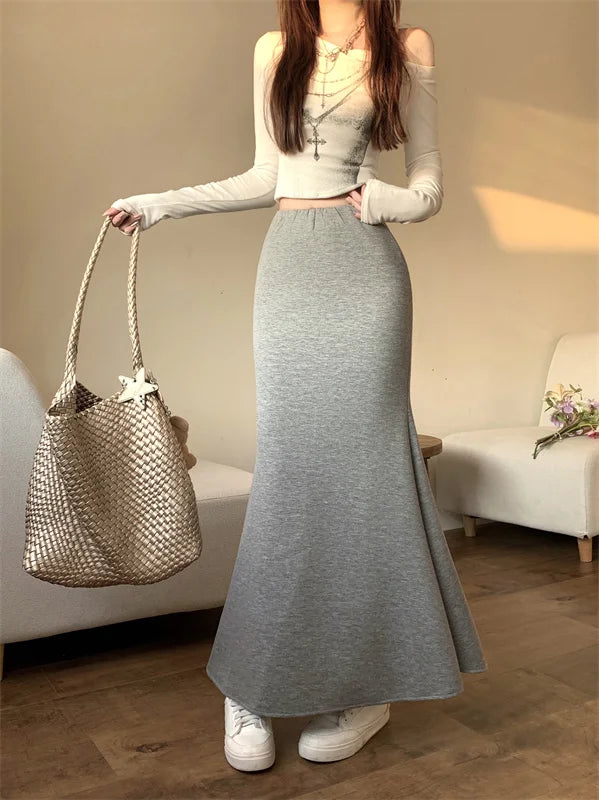 Solid Vintage Temperament Package Hip Skirts Elastic High Waist Simple Spring Autumn 2026 Fish Tail Skirt Casual Slim Long Skirt