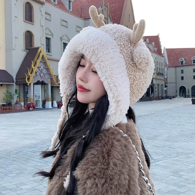 Knitted Hat Beanie Winter Warm Fleece Lined Reindeer Antlers Korean Style Cute Christmas Party Women Girls Thickened Thermal