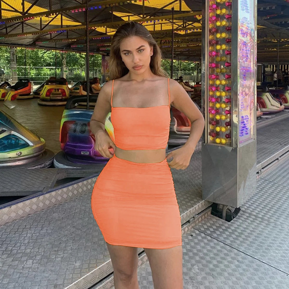 Women's New Sexy Sleeveless Strap Small Tank Top Short Top Fashion Wrinkle Bag Hip Skirt Two Piece Set