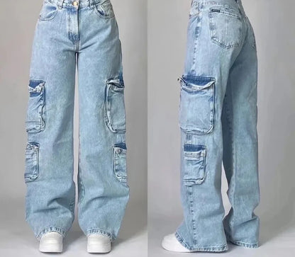 Street Vintage Jeans New Y2K Harajuku Wash Blue Multiple pockets Baggy Jeans Denim Pants Mens Womens High Waist Wide Trousers