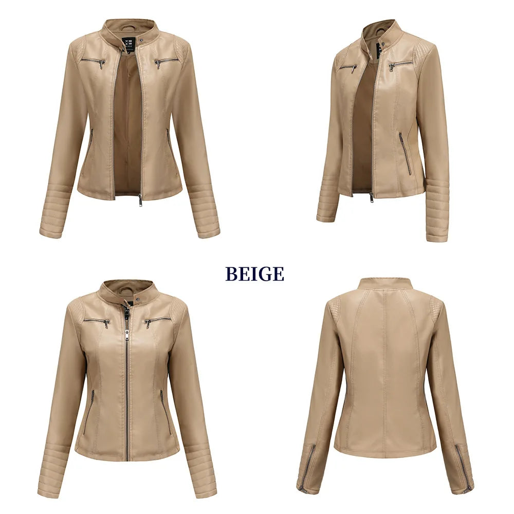 Women's Slim Leather Jacket, Stand-up Collar, Zipper Stitching, Monochromatic Coat, Fashion Clothing, New