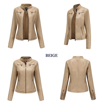 Women's Slim Leather Jacket, Stand-up Collar, Zipper Stitching, Monochromatic Coat, Fashion Clothing, New