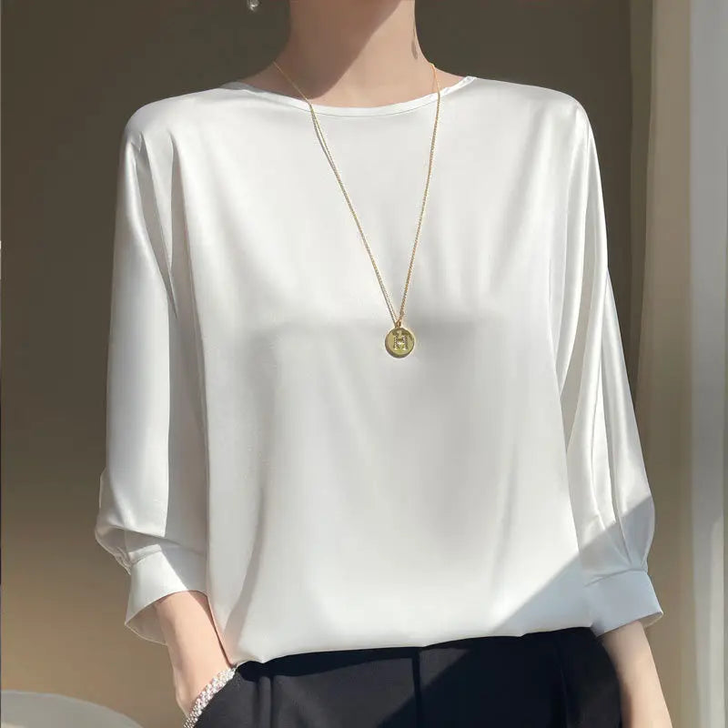 New In Summer Satin Silk Half-Sleeve Tee Tops Basic Solid Women‘s T-Shirt Casual O-neck Thin Shirts Ladies Loose Blouses