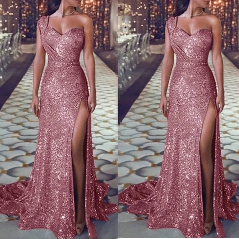 2025 Women's Wedding Party Dress Evening Elegant Sexy Deep V Neck One Shoulder Sleeveless Sequined Long Maxi Dresses For Women