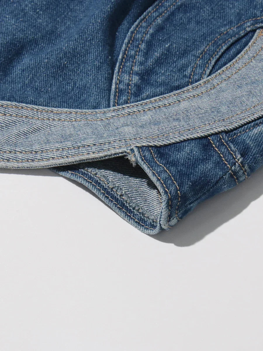 TWOTWINSTYLE Soild Two Piece Sets for Women Straplelss Sleeveless Vest High Wiast Patchwork Hollow Out Jeans Elegant Set Female