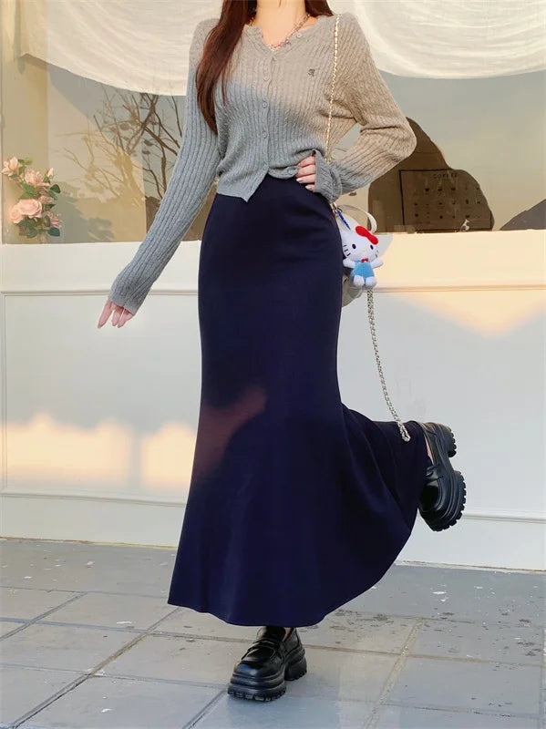 Solid Vintage Temperament Package Hip Skirts Elastic High Waist Simple Spring Autumn 2026 Fish Tail Skirt Casual Slim Long Skirt