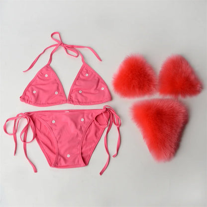 Summer Women Fake Fox Fur Sexy Halter Solid Color Bikini Set Swimsuits Triangle Sexy Bikini Set Faux Fur Swimsuit Plush Swimwear