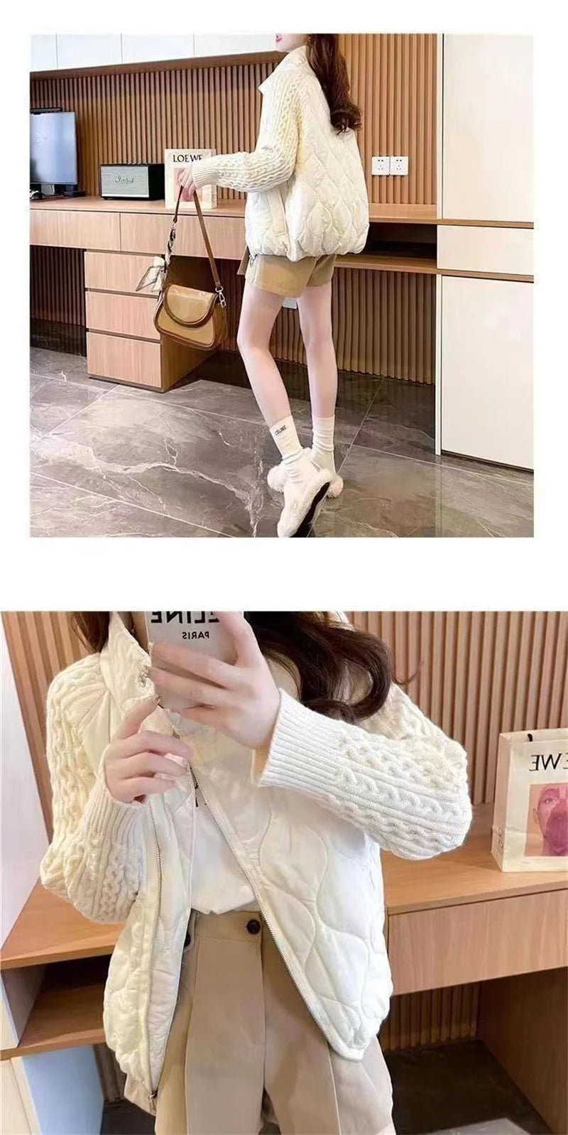 Stand Collar Sweater Sleeve Splicing Down Cotton Jacket Women Autumn Winter Warm Down Cotton Parkas 2025 New Female Fashion Coat