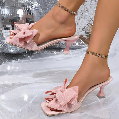 Pink Bowtie Decor High Heels Sandals for Women 2025 Summer Light Square Toe Slippers Fashion Plus Size Thin Heeled Party Shoes