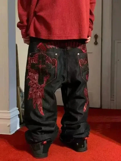 Y2K Best Selling Explosions Men and Women With Retro Embroidery Baggy Jeans Harajuku Rock Hip-Hop Casual Joker Wide Trousers