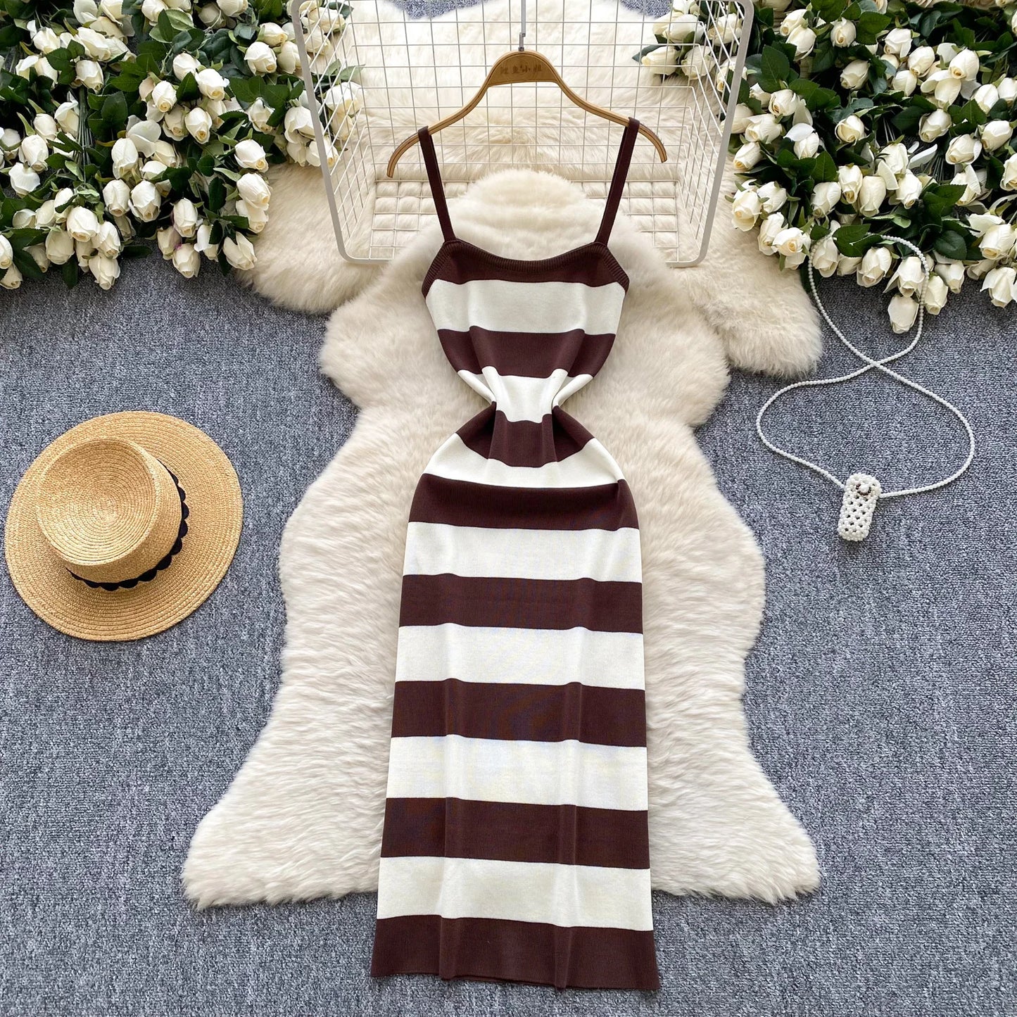 2025 & 2026 Lady New Stripes Ins Fashion Sexy Package Hips Bodycon Dress  Summer Knitted Spaghetti Straps Outfits Maxi Long Women Dress