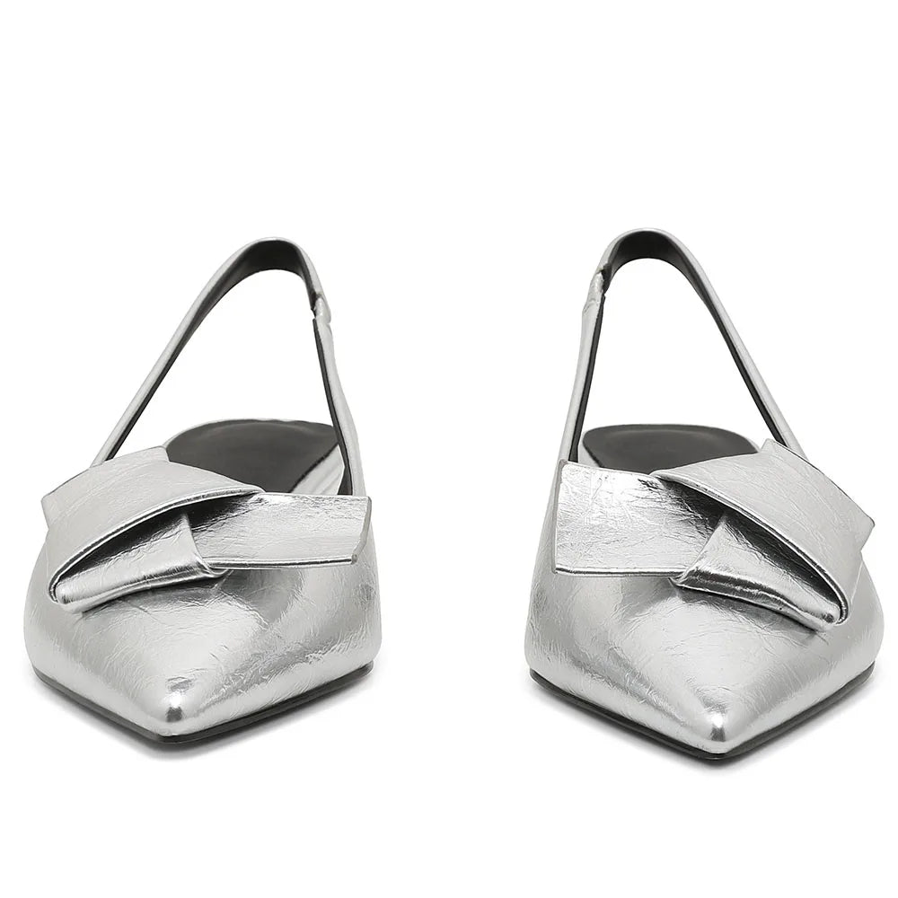 GIGIFOX Kitten Low Heels Bownkot Pointy Toe Leisure Sandals Pleated Slip-on Back Strap Flats Chic Office Ladies Shoes For Woman