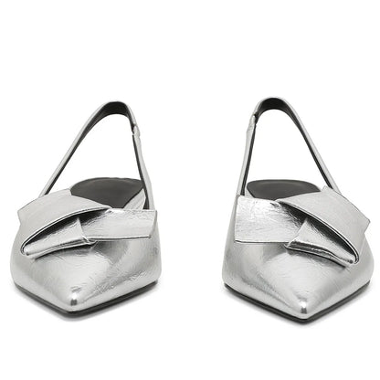 GIGIFOX Kitten Low Heels Bownkot Pointy Toe Leisure Sandals Pleated Slip-on Back Strap Flats Chic Office Ladies Shoes For Woman