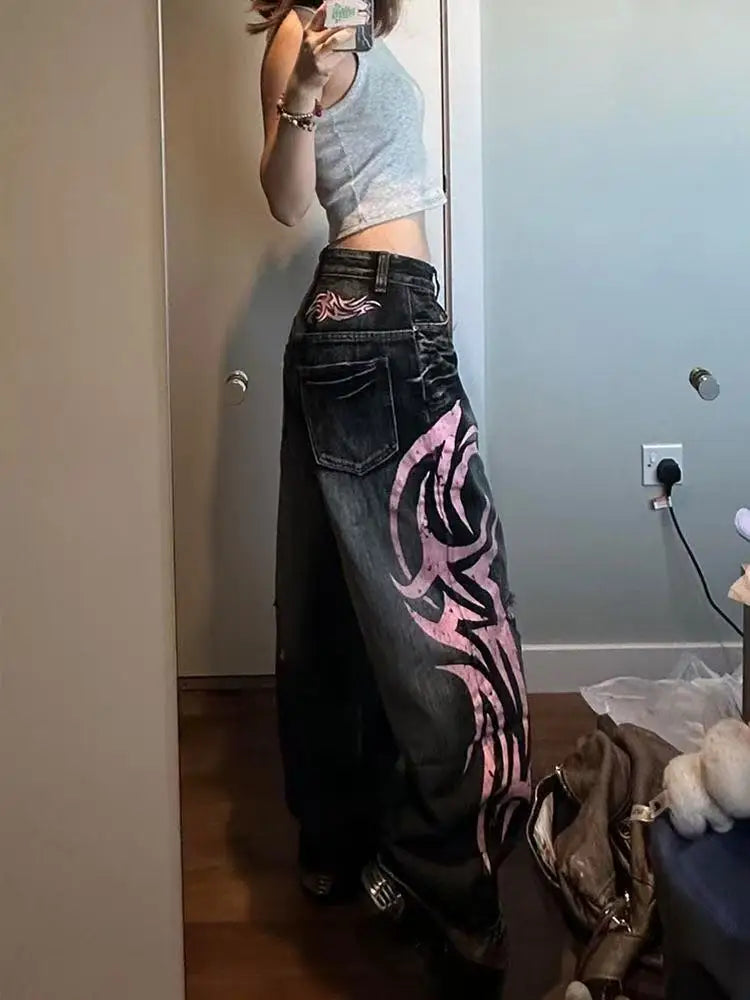 Y2K Street Retro Jeans Women Mottled Totem Print Loose Pants Fashion Hip Hop Trend Loose Couple American Straight Wide Leg Pants