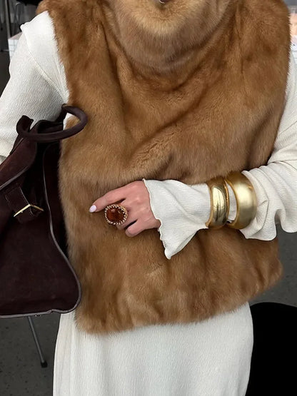Solid Faux Fur Vest Crop Top Women Fashion Turtleneck Fluffy Short Tank Tops 2025 Winter Female Elegant Sleeveless Jacket Coat