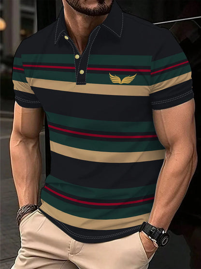 Men's Polo Shirt Summer Outdoor Casual Round Neck Short Sleeve Top Striped Printed Style OverSize T-shirt Loose Men's Clothing