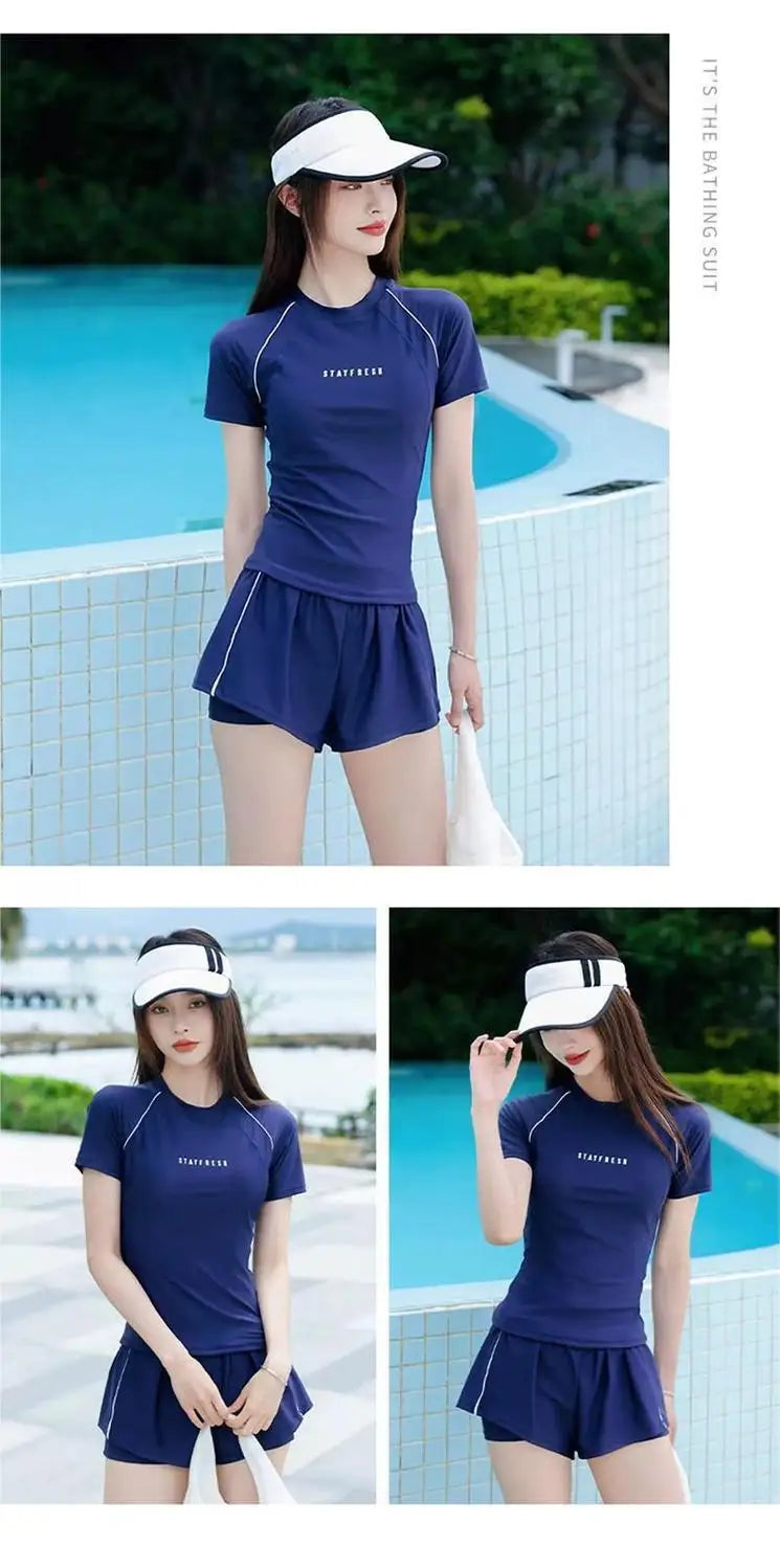 Sports Swimsuit, Swimsuit, Women's New Plus Size Two-piece Set, Short Sleeved, Student Hot Spring Conservative Swimsuit