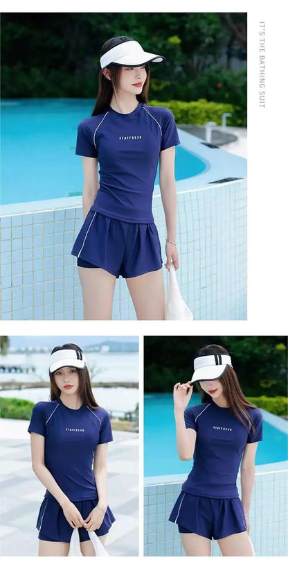 Sports Swimsuit, Swimsuit, Women's New Plus Size Two-piece Set, Short Sleeved, Student Hot Spring Conservative Swimsuit