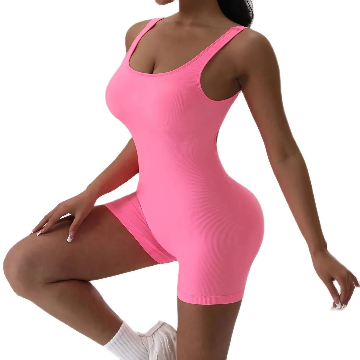1PCS Backless Yoga Suit U Neck Sleeveless Sports Jumpsuit Solid Colour Threaded Stretch Women Bodysuit Without Bust Pads