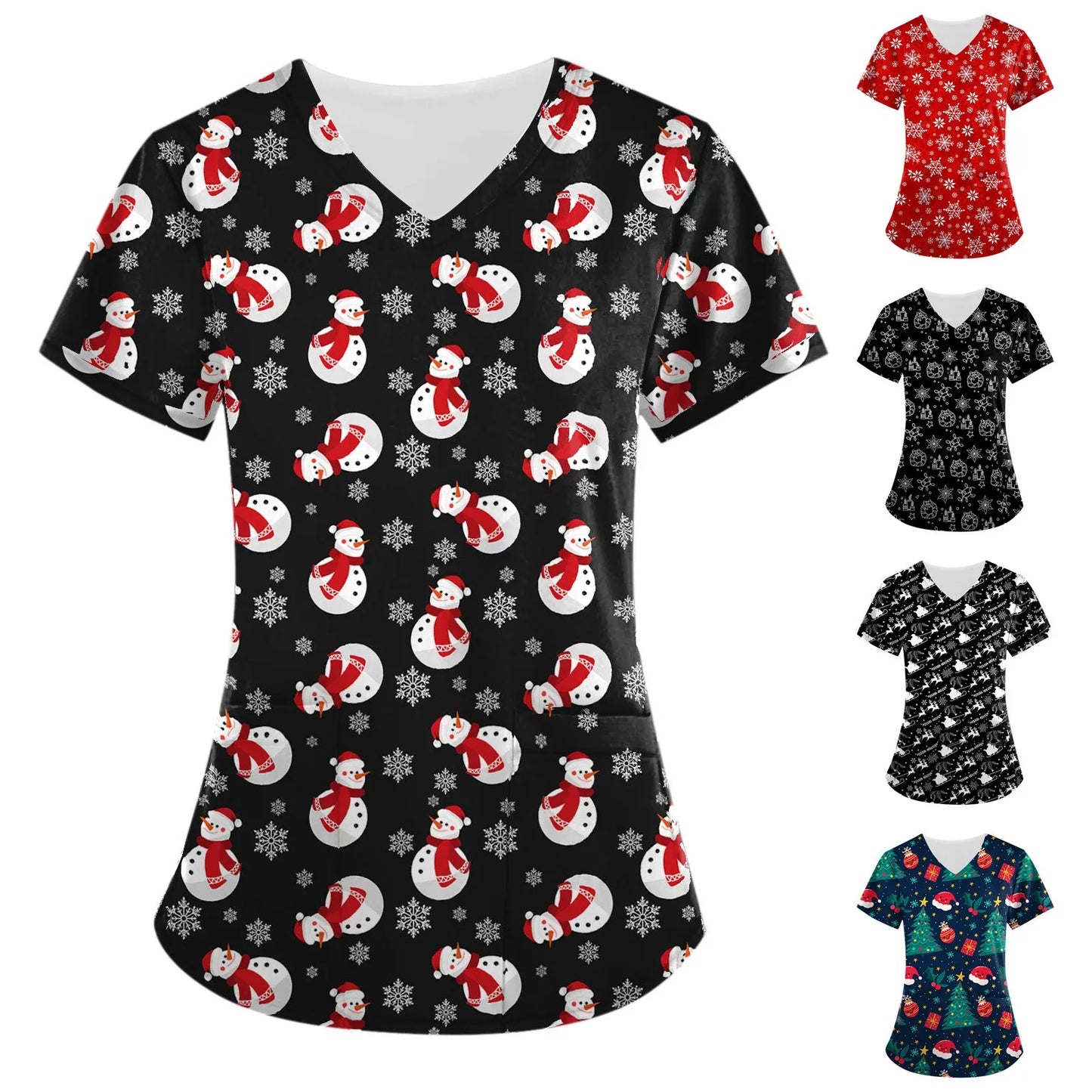 Christmas Clinical Uniform Woman Cartoon Print Uniforms Casual V-Neck Nurse Uniform Woman Tops With Pocket Scrub Tops