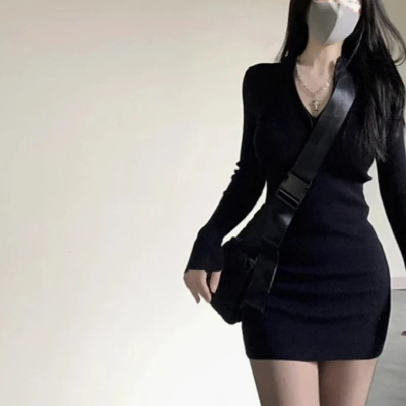 2025 Minimalist Black Ribbed Knit Dress, Half - Zip Long - Sleeve Bodycon Dress, Women's Daily Elegant Wear