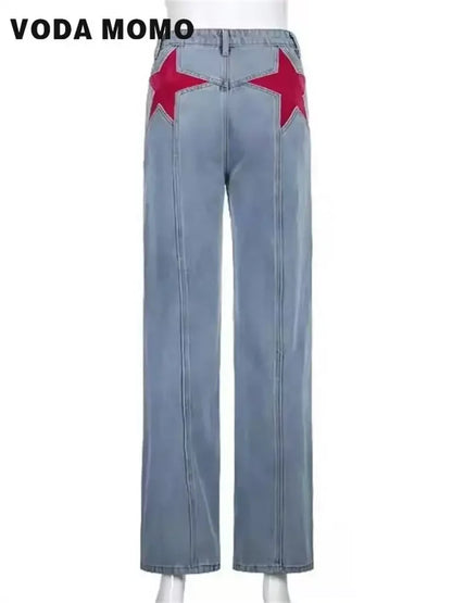 Retro Jeans European and American Style Design Slim Fit Leg Length All Match Pants Five Pointed Star Straight Women Versatile