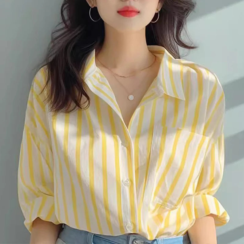 Yellow and white vertical striped shirt women spring and autumn new shirt European casual explosive long-sleeved shirt