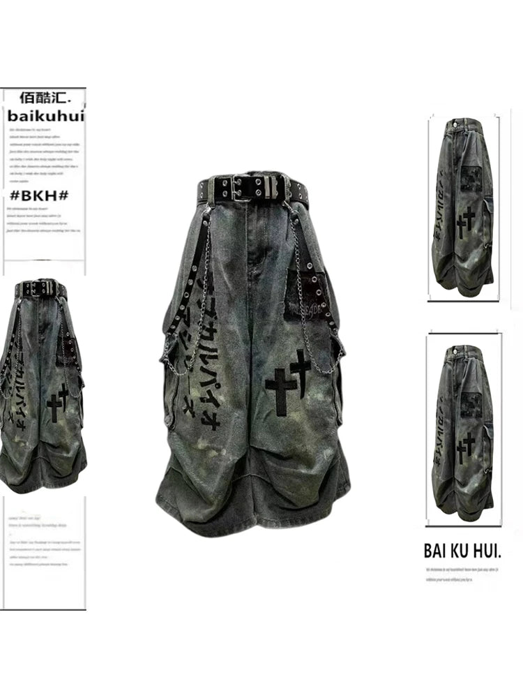 Summer Women Goblin Core Cross Denim Jorts Shorts Y2k Calf-Length Jean Pants Trashy Y2K Abi Japanese Cyber Punk Grunge Unisex