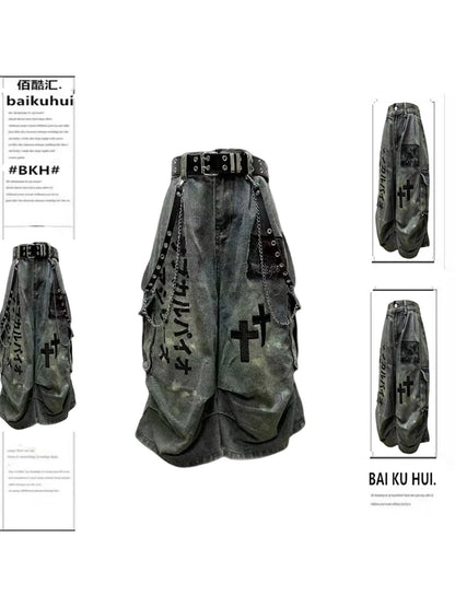 Summer Women Goblin Core Cross Denim Jorts Shorts Y2k Calf-Length Jean Pants Trashy Y2K Abi Japanese Cyber Punk Grunge Unisex