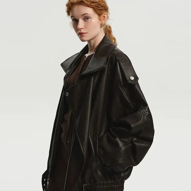 Vintage Zippers Short Leather Jackets Women's Casual Lapel Button Pockets Full Sleeve Coat 2025 Autumn New Lady Chic Streetwear