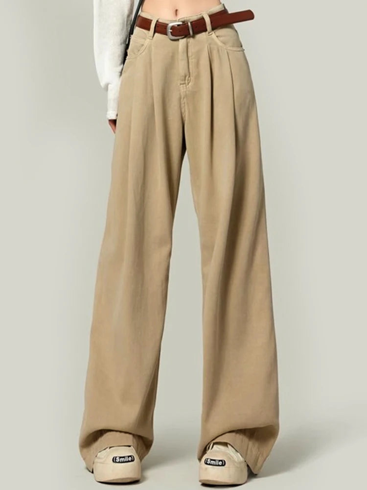 Woman High Waist Straight Leg Jeans Lady Loose Denim Wide Leg Pants Girls Korean Khaki Retro Blue Light Blue Gray White Trousers
