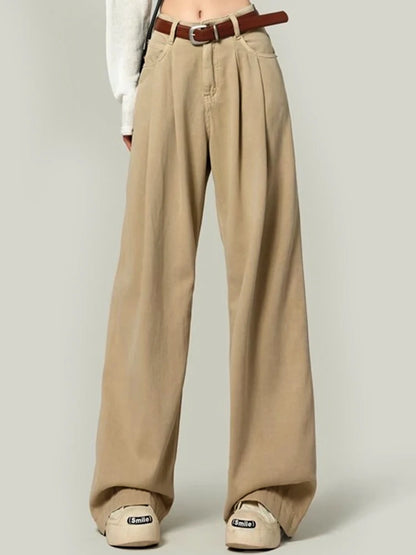 Woman High Waist Straight Leg Jeans Lady Loose Denim Wide Leg Pants Girls Korean Khaki Retro Blue Light Blue Gray White Trousers